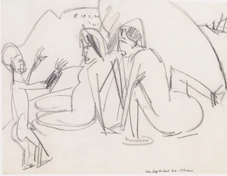 Two Women and Sculpture on the Beach